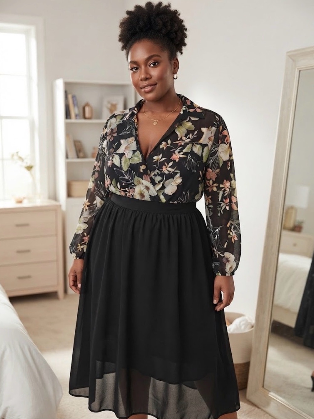 Fashion Nova Black Floral V-Wrap Bodysuit